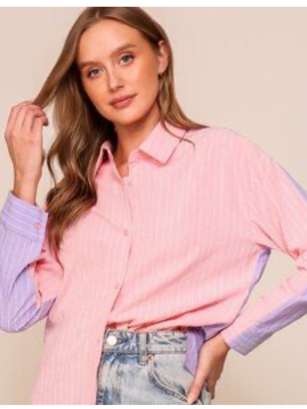 NWT Lumiere Pink and White Pinstripe Button-Down Shirt with Lavender Back